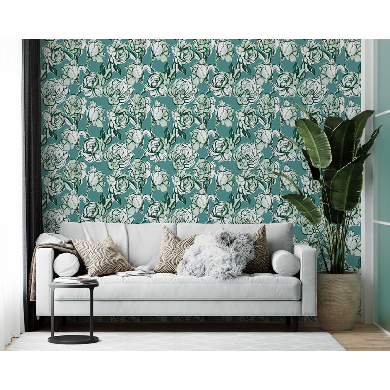 Floral Wash 33' L x 20.5" W  Wallpaper Roll, Teal
