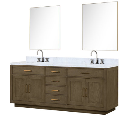 Double Bath Vanity 84 In. W X 22 D Grey Oak With Marble Surface, Faucet, And 36 Mirrors 84" 22" Top, Mirrors, Made Of Wood