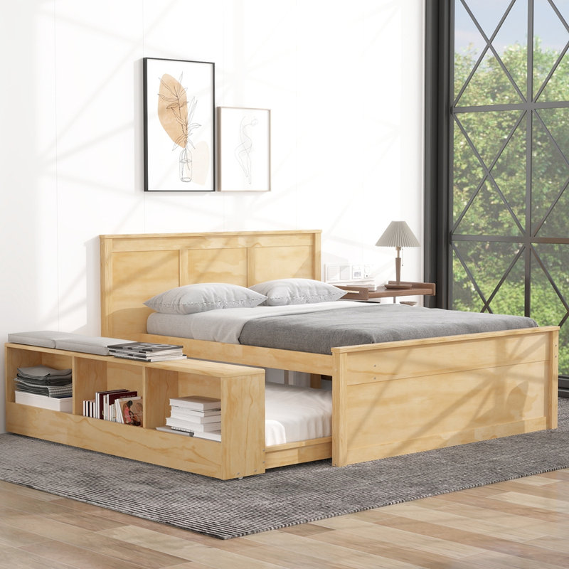 Lit plateforme double en bois avec lit gigogne escamotable, Naturel, Lit double