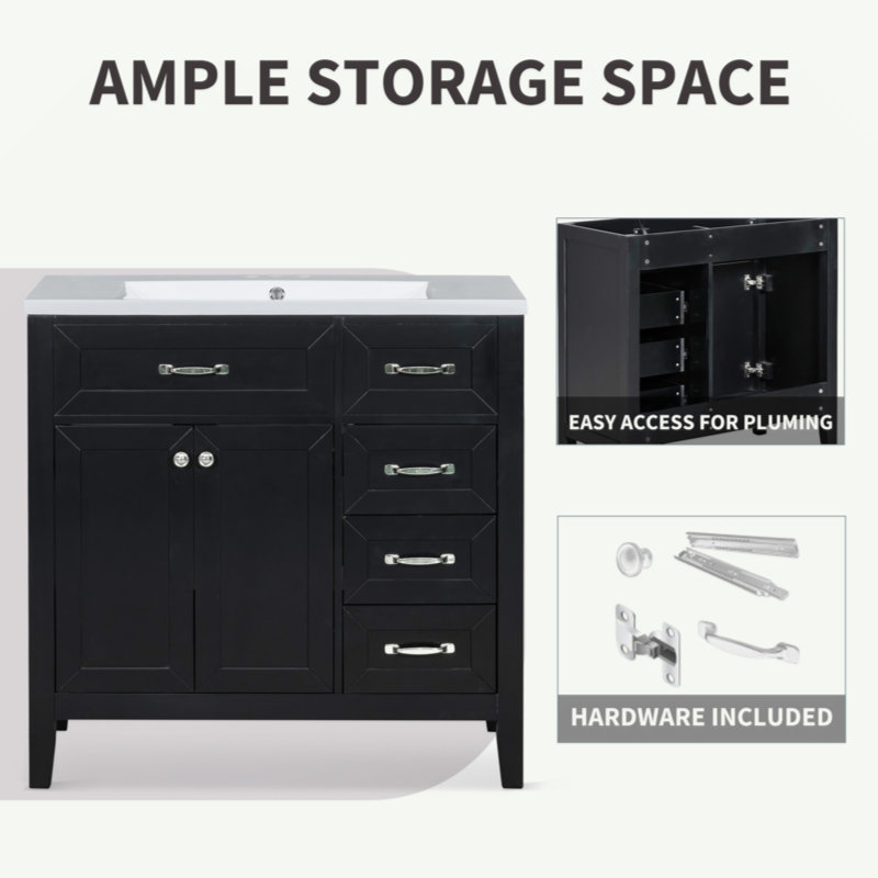 Meuble-lavabo 36 po avec lavabo, armoire de salle de bain avec tiroirs, structure solide et panneau de fibres à densité moyenne