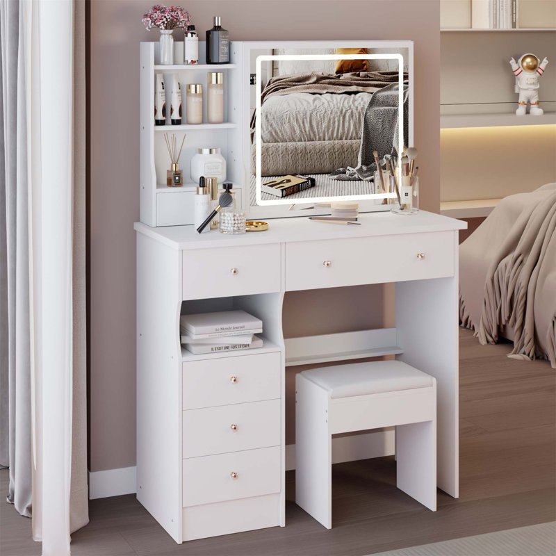 Table de coiffeuse de 37 pouces avec tiroir à gauche, tabouret rembourré, 2 prises CA + 2 prises USB, support pour sèche-cheveux et miroir coulissant à DEL 3 couleurs