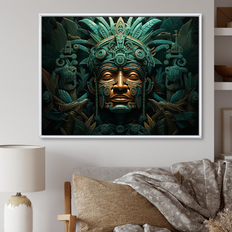 Mayan Magic Aztec Mask I - Mexican Canvas Prints, White Floater Framed, 12" H x 20" W x 1" D