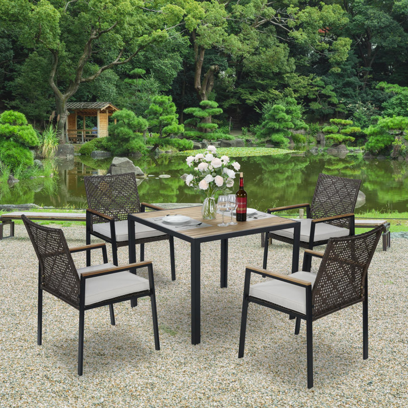 All Weather 5-Piece Patio Dining Table Sets, Patio Conversation Set Acacia Wood Table Top with Umbrella Hole, Rattan Outdoor