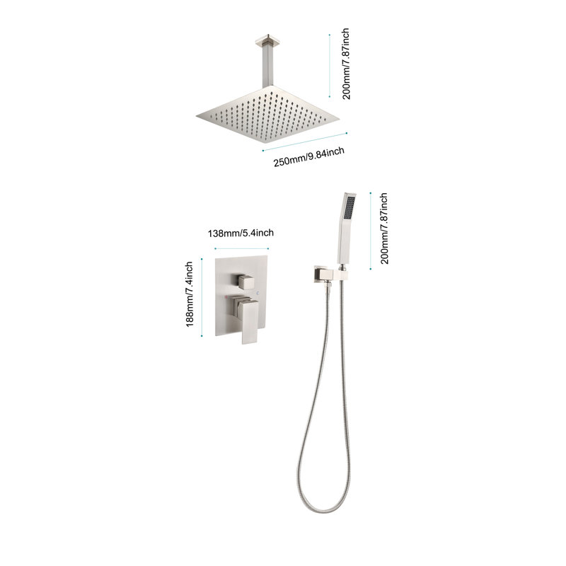 Pomme de douche pour salle de bain avec valve brute, Nickel brossé