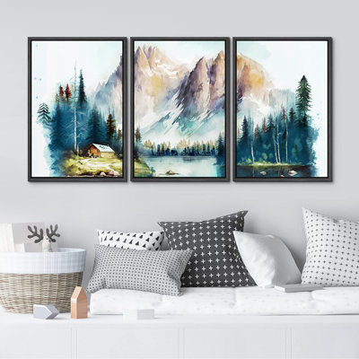 Forêt boisée, paysage, chalet, aquarelle, lac de montagne pastel, 3 pièces