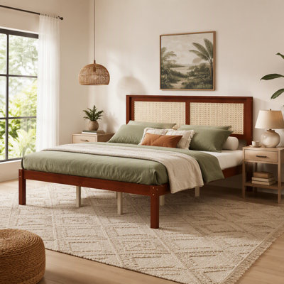 Solid Wood Platform Bed Frame with Woven Rattan Headboard, Farmhouse Boho King Bed with Under Bed Storage Clearance