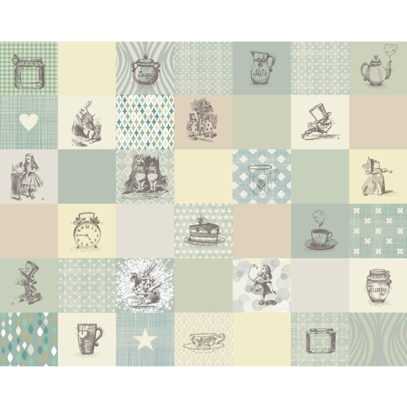 Alice In Wonderland Retro Illustrations - Wall Mural , 240cm L x 300cm W 