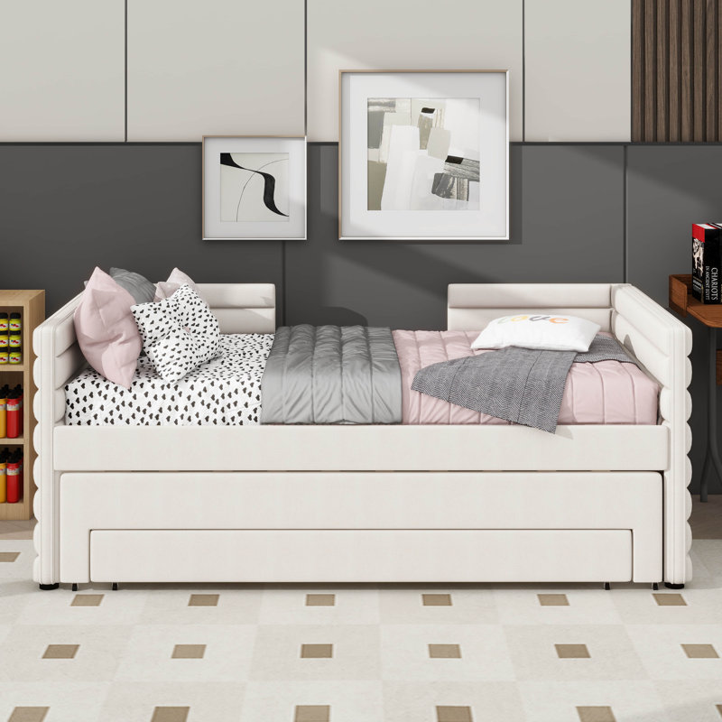 Twin-Sized Upholstered Daybed Including Trundle Bed And 3 In-Built Storage Drawers, Beige