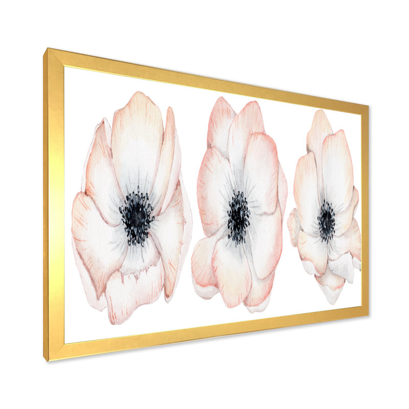 Aquarelle, anémone et fleurs roses - Peinture sur toile, H 12 po x l 20 po, Cadre doré à coins fermés