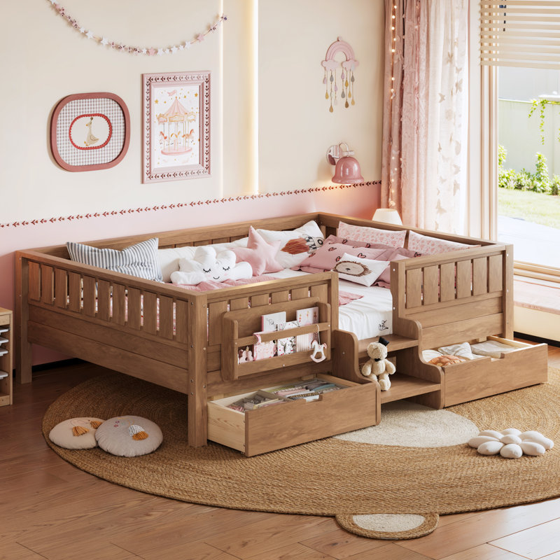 Lit pour enfant très grand Storytime avec tiroirs de rangement et étagères intégrées, Naturel