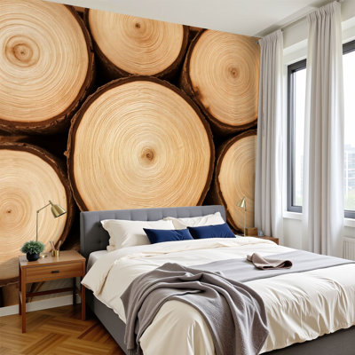 Close up Circular Wooden Logs Natural Grain Patterns Wall Murals 69"H x 96"W Peel and Stick Wallpaper Wall Decor for Bedroom Cabin