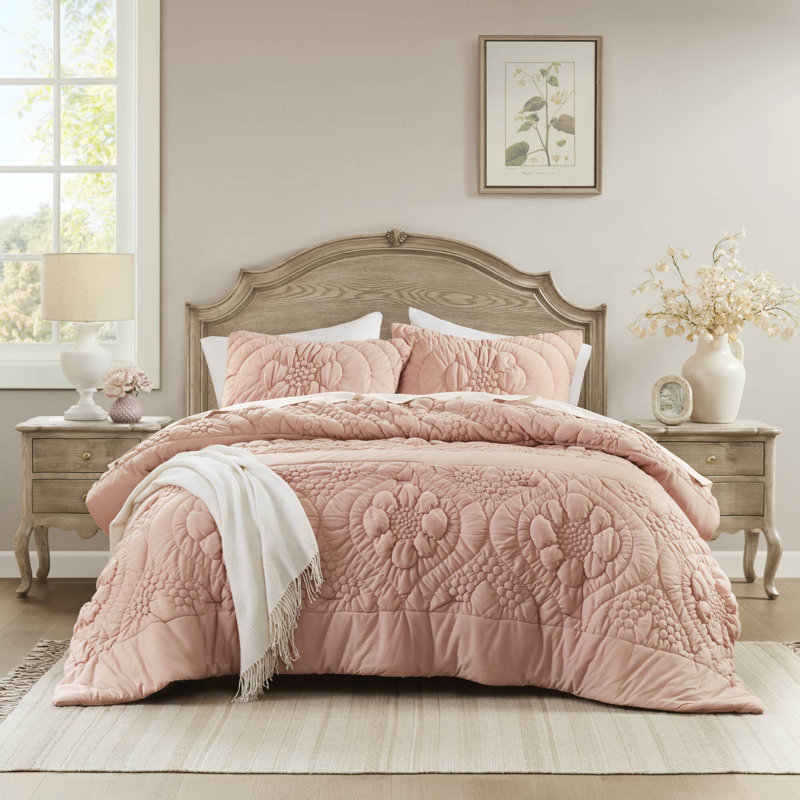 Romantic Pink King Bedding Set, Cozy Jersey Knit, Floral Cottage Charm