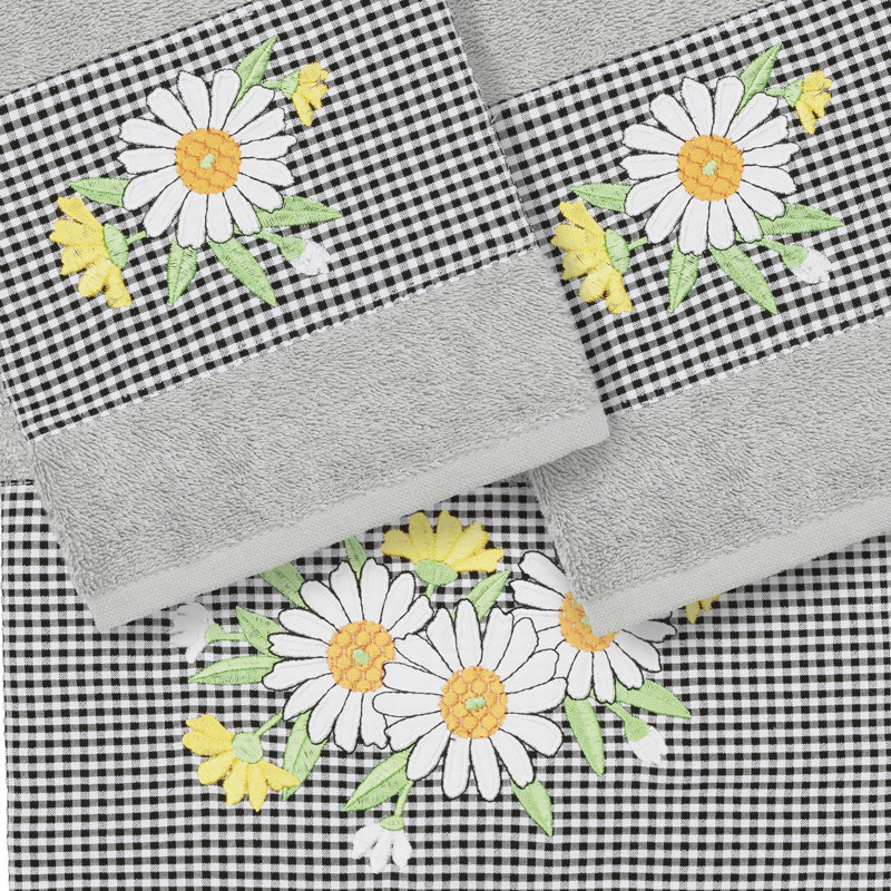 100% Turkish Cotton Daisy 3 Piece Embellished Towel Set, Light Gray