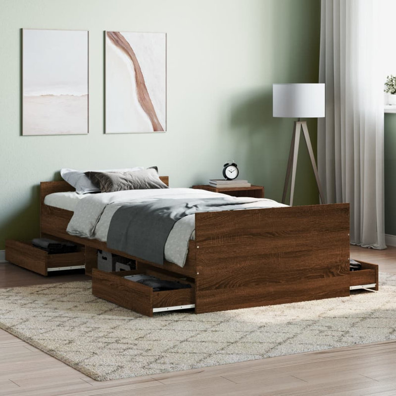 Addylen Storage Bed, European Single (90 x 200cm), Brown Oak