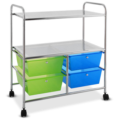  4-Drawer Rolling Storage Cart with 2-Tier Open Shelves, Heavy-Duty PP & Metal Construction, Locking Casters, Easy-Move Handles, Multicolor