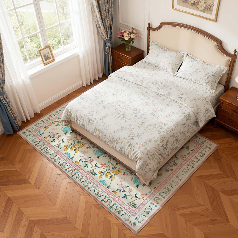 Tapis floral lavable antidérapant Botanical, Beige/Pink, 6'x 9'