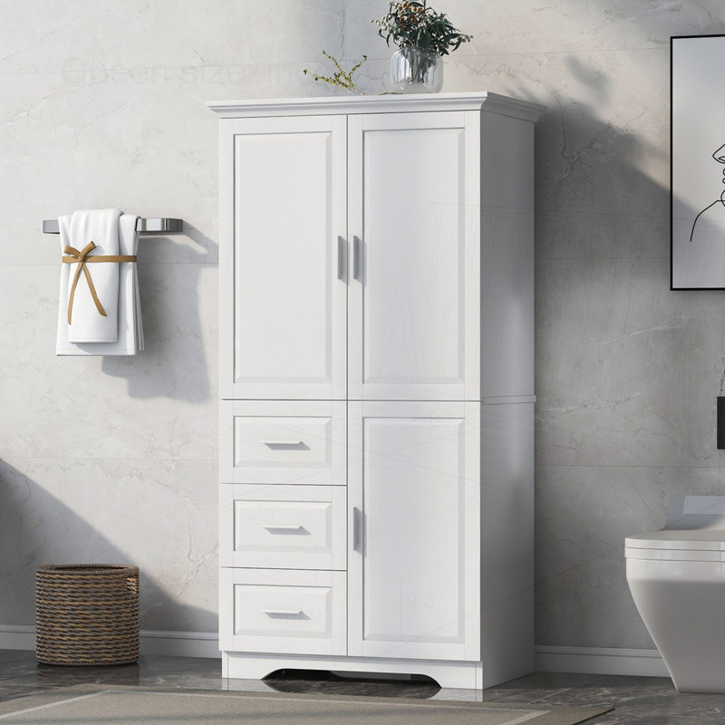 Tall and Wide Bathroom Storage Cabinet with Doors and Three Drawers, White