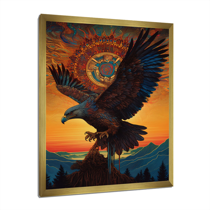 «Majestic Mystical Eagle in Sunset Sky», reproduction sur toile, H 40 po x l 30 po x P 1,5 po, Encadrement doré