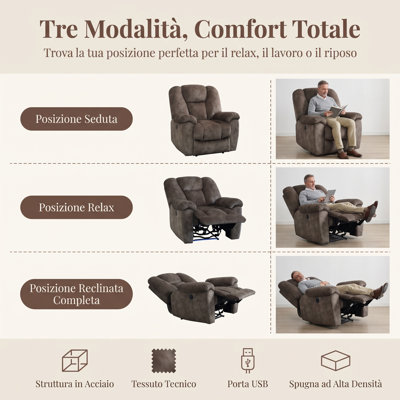 37‘’Brown Electric Recliner Chair | Ergonomic Fabric Reclining Armchair with USB Charging, Silent Motor & Lumbar Support