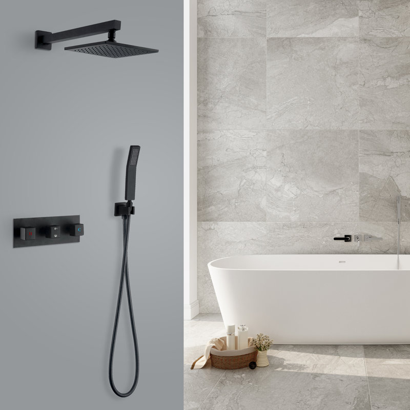 Ensemble de robinet de douche mural pour salle de bain à trois poignées avec valve brute, Noir mat