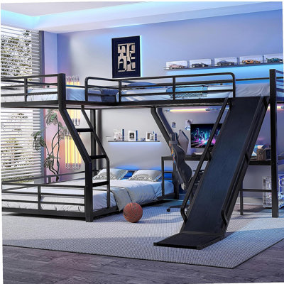 L-Shaped Twin over Full Bunk Bed with Twin Size Loft Bed, Metal Triple Bunk Bed with Slide and USB Ports, Space-saving and Noise-free Design, Black