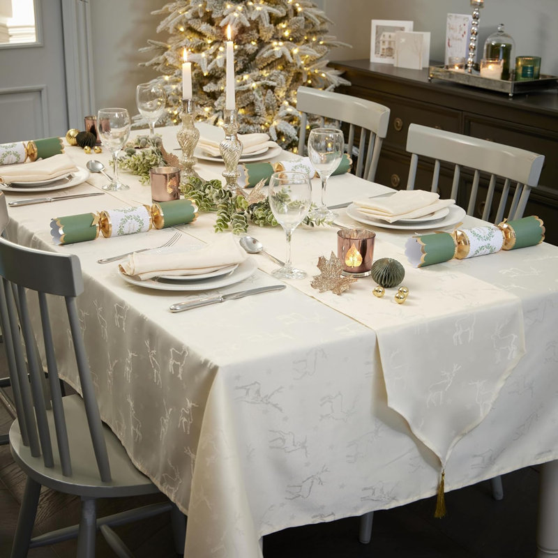 Christmas Tablecloth Deer Embossed Design, Cream