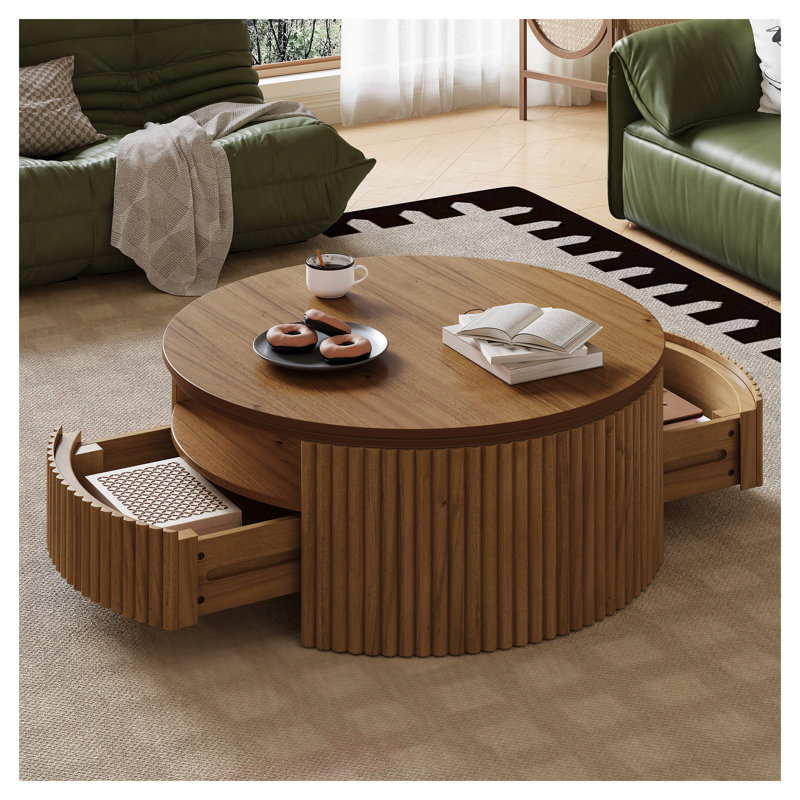 Table basse ronde en bois massif cannelé noyer avec tiroirs de rangement dissimulés, table basse tambour de style moderne du milieu du siècle
