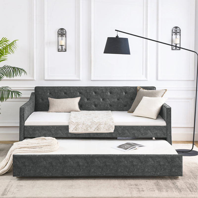 Lit de jour simple avec canapé-lit capitonné de taille simple, accoudoirs ondulés, beige (80,5 po x 44,5 po x 33,5 po), Beige