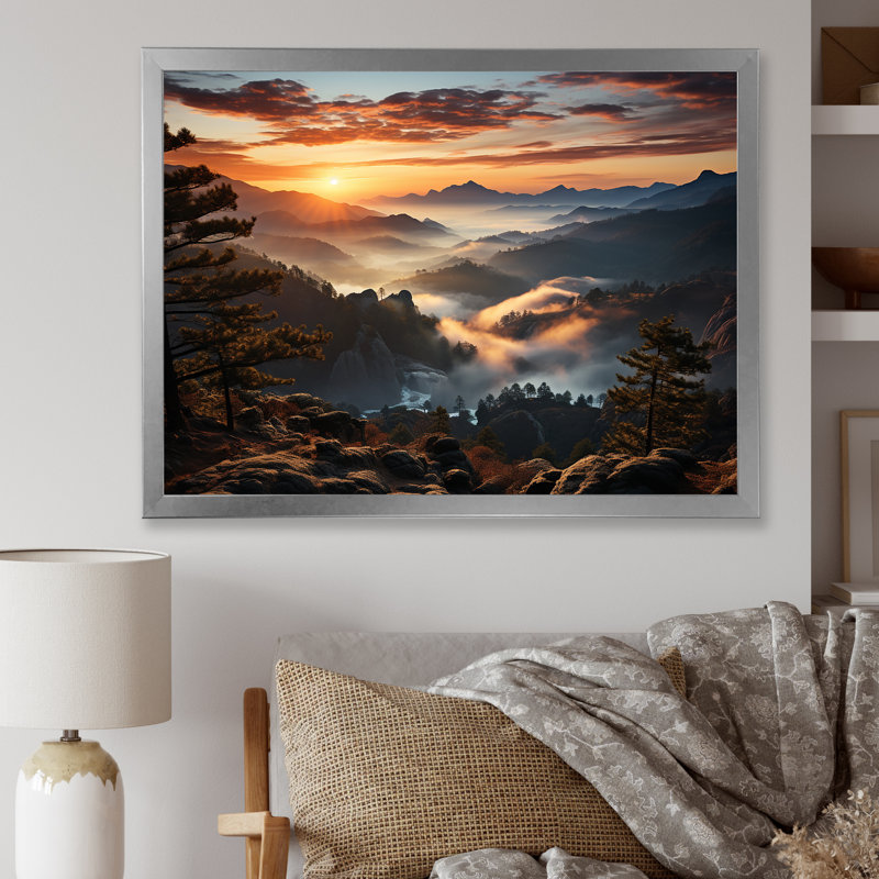 Mountain Majesty Sunsets Embrace I - forêt et rivière, art mural, Cadre de coin argenté fermé, H 30 po x l 40 po x P 1,5 po