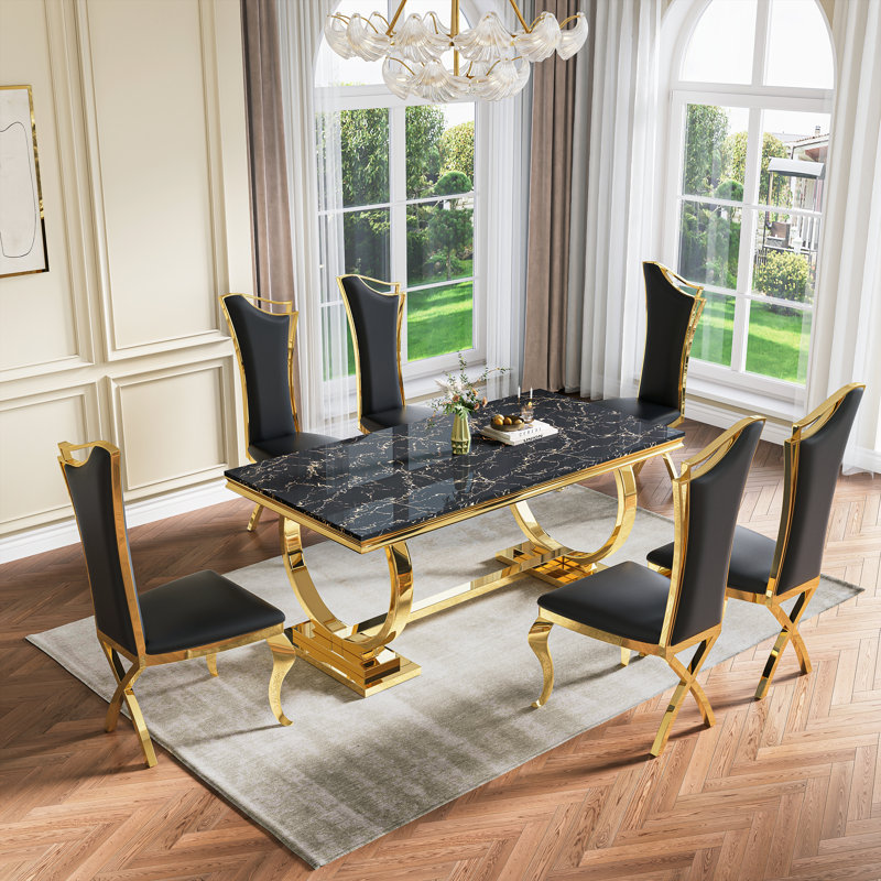 7 Pieces Luxury Kitchen Dining Table Set Of 6,70”Faux Marble Top With U-Shape Metal Base Dining Table For Kitchen, Dining Room