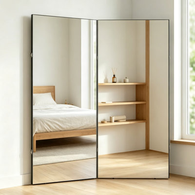 Oversized 63X67 Folding Full-Length Mirror, Anti-Shatter Nano Film Safety Glass, Space-Saving Foldable Design For Home Gym Yoga Studio, 60% Commercial Insurance Discount Eligible, Black