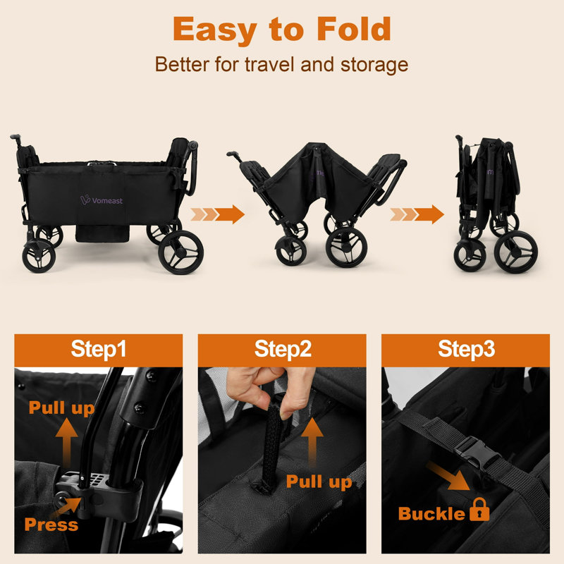 4-Seater Wagon Stroller with Push & Pull Handle, Adjustable Canopy & 5-Point Harness, 40.6" H x 44.9" W x 25.2" D, Black