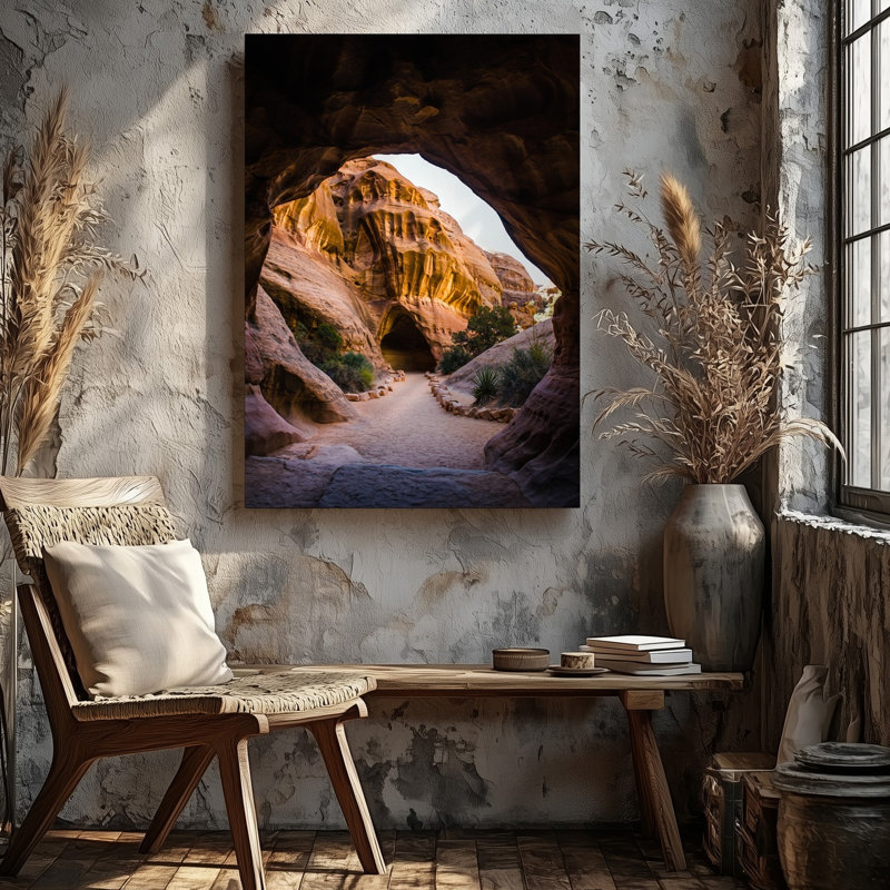 Toile, intérieur d'une grotte majestueuse, présentant des formations de roches texturées dramatiques avec art mural, lignes fluides et tons terreux, art sur toile