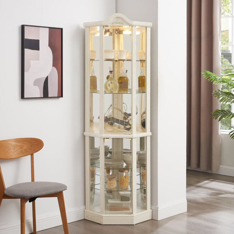 Vitrine de coin 71,9 "moderne avec éclairage et tablettes réglables en verre, Blanc