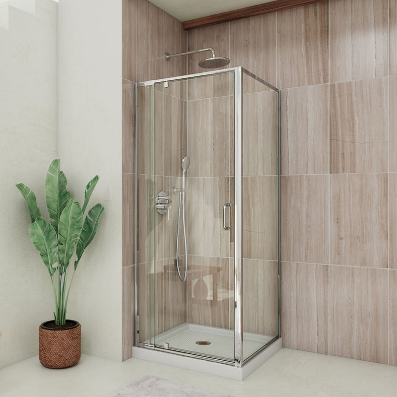 Flex 32" x 74.75" Square Pivot Shower Enclosure with Base Included, Black, Chrome
