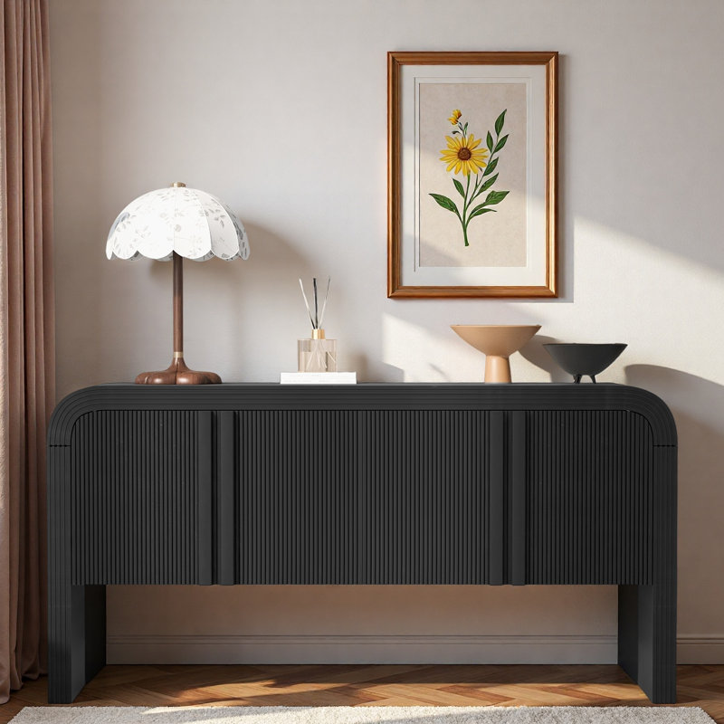 Console avec 4 portes ondulées et tablettes réglables, Noir