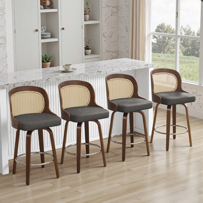 26" Upholstered Cane Back Counter & Bar Stool, Gray, 4