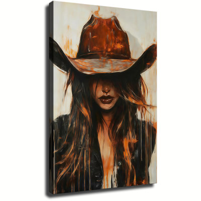 Cowgirl Canvas Wall Art, Brunette Western Woman Portrait, Dripping Paint Country Girl Canvas Wall Decor, Rustic Rodeo Boho Home