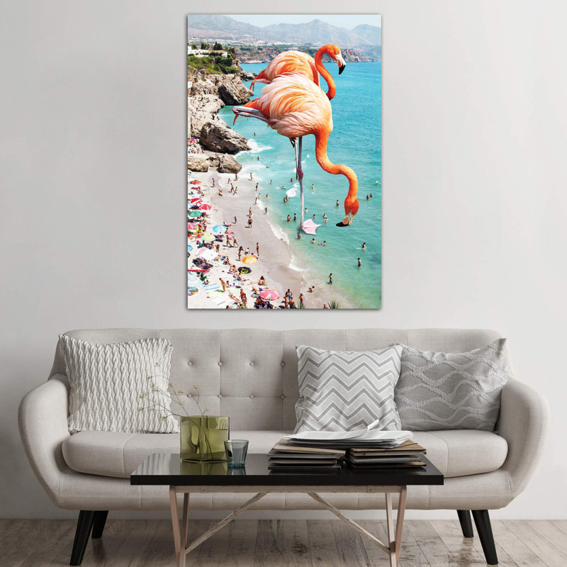 Giant Flamingos On The Beach - Wrapped Canvas Print, 152.5 cm H x 101.5 cm W