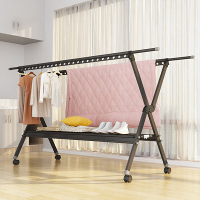 Clothes Drying Rack,  Foldable Portable Indoor Outdoor Garment Rack With 48 Windproof Hooks And Wheels, Clothing Folding Aluminum Alloy Laundry Drying Racks, Heavy Duty Drying Rack