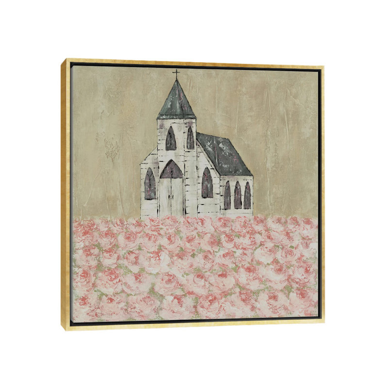 «Church Peony Field» par Ashley Bradley - reproduction imprimée, Toile avec cadre doré, H 12 po x l 12 po x P 1,5 po