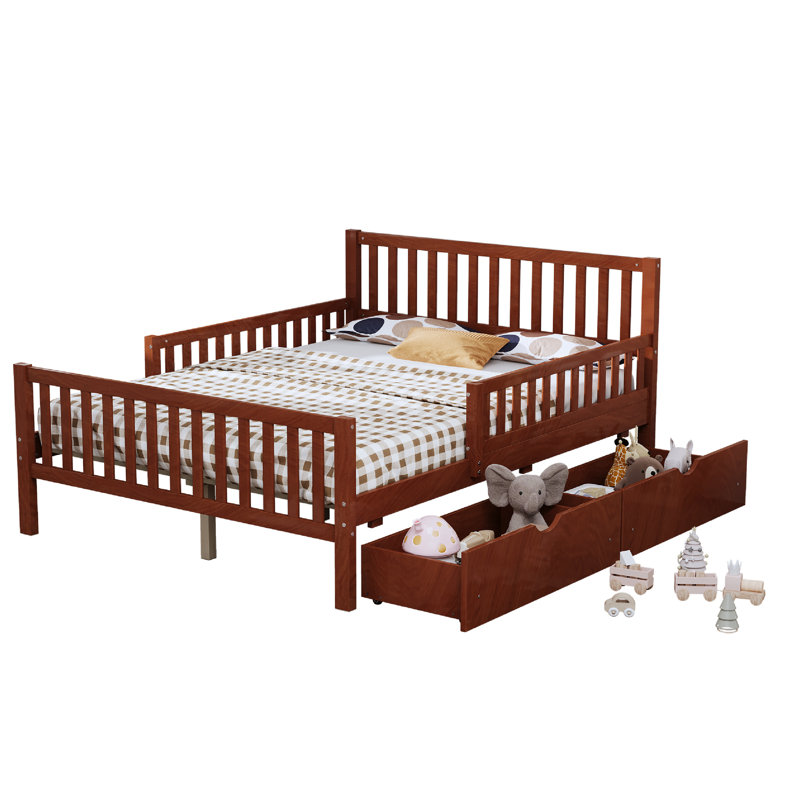 Lit plateforme en bois de noyer pleine grandeur avec garde-corps et deux tiroirs pour le rangement de la chambre à coucher, finition lisse, stabilité à 8 lattes avec les deux tiroirs de rangement latéraux, contreplaqué robuste, sommeil sécuritaire et confortable