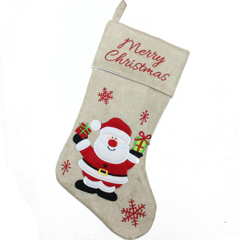 Chaussette de Noël 19 "beige et rouge avec père Noël brodé