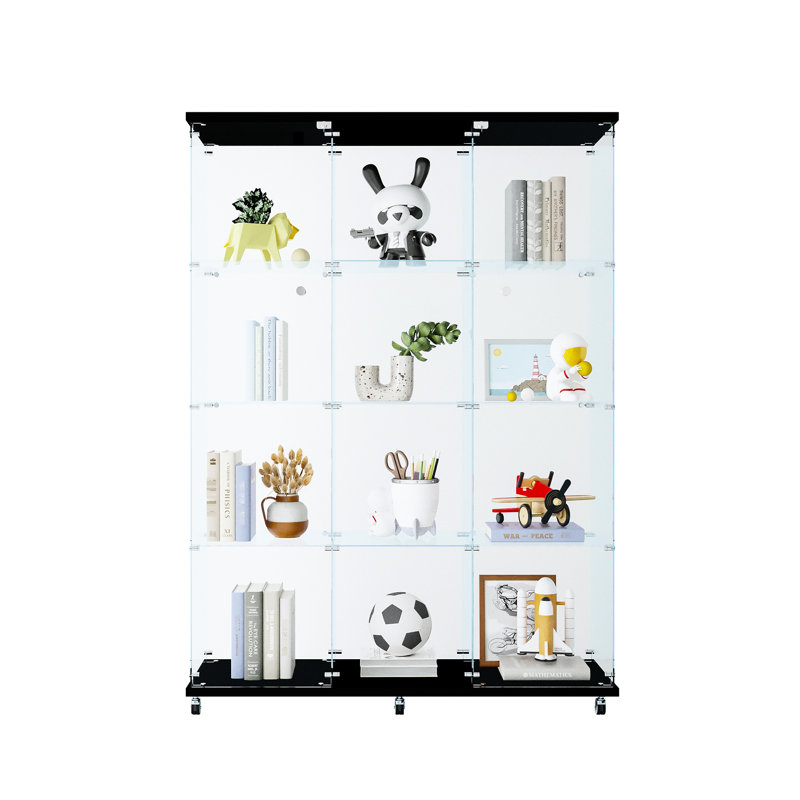 Extra Large 4-shelf Glass Display Cabinet In Black For Home Use, Accommodates Action Figures, Wine, Whisky, 5mm Tempered Glass, Solid Wood Frame, Metal Handle Bedroom, Fits Cabinet, Rivet