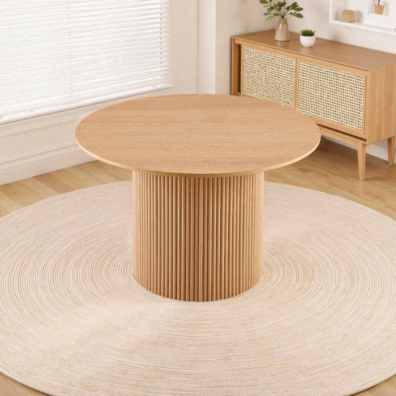 47” Round Dining Table for 4, Farmhouse Style with Slatted Pedestal Base, Oak Wood
