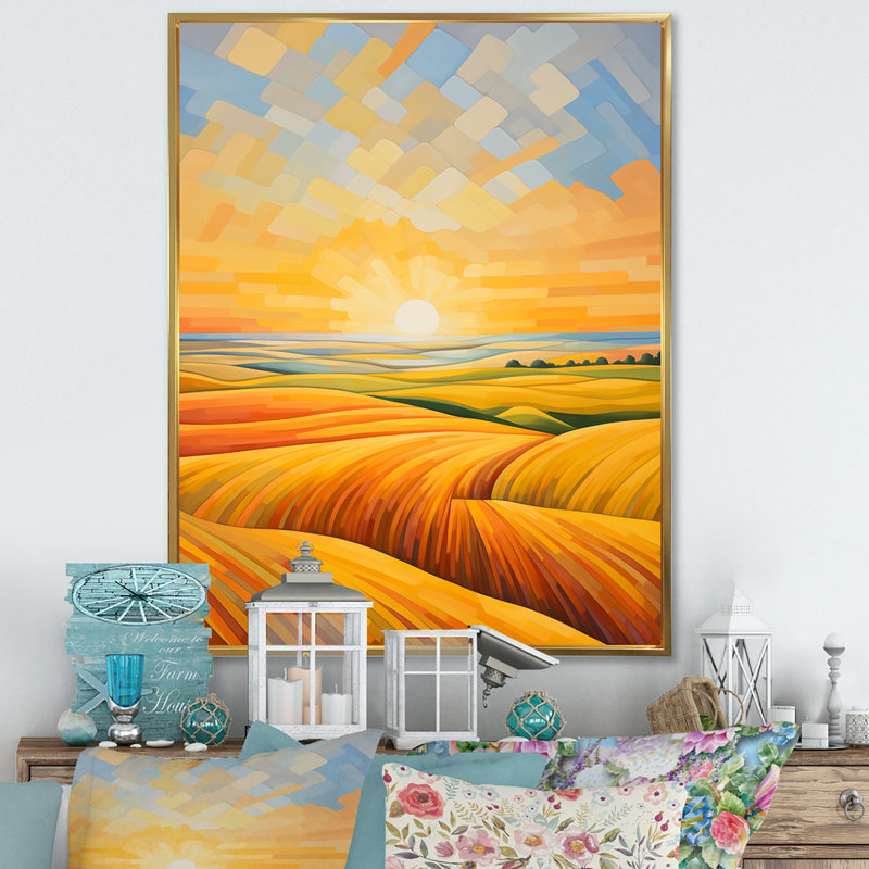 Prayies Sunrise Melody sur toile, Cadre flottant doré, H 44 po x l 34 po x P 1,5 po