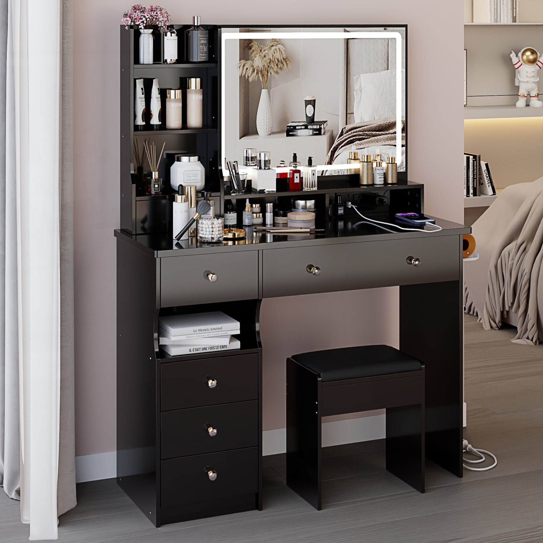 George Oliver Large Vanity Table With LED Mirror, Power Station And