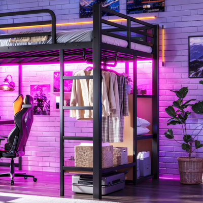 Grand lit mezzanine avec bureau et tablettes de rangement, lit mezzanine en métal avec ports USB, lumières DEL, tringle, design Cave, noir