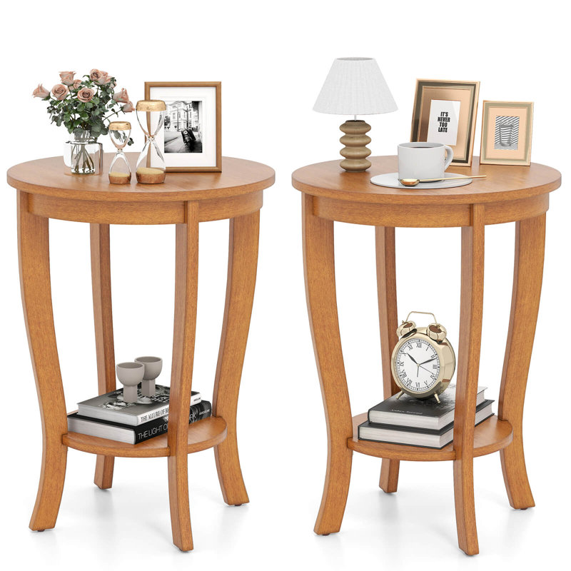 2-tier End Table 18" Round Compact Sofa Side Nightstand With Storage Shelf Walnut, 2