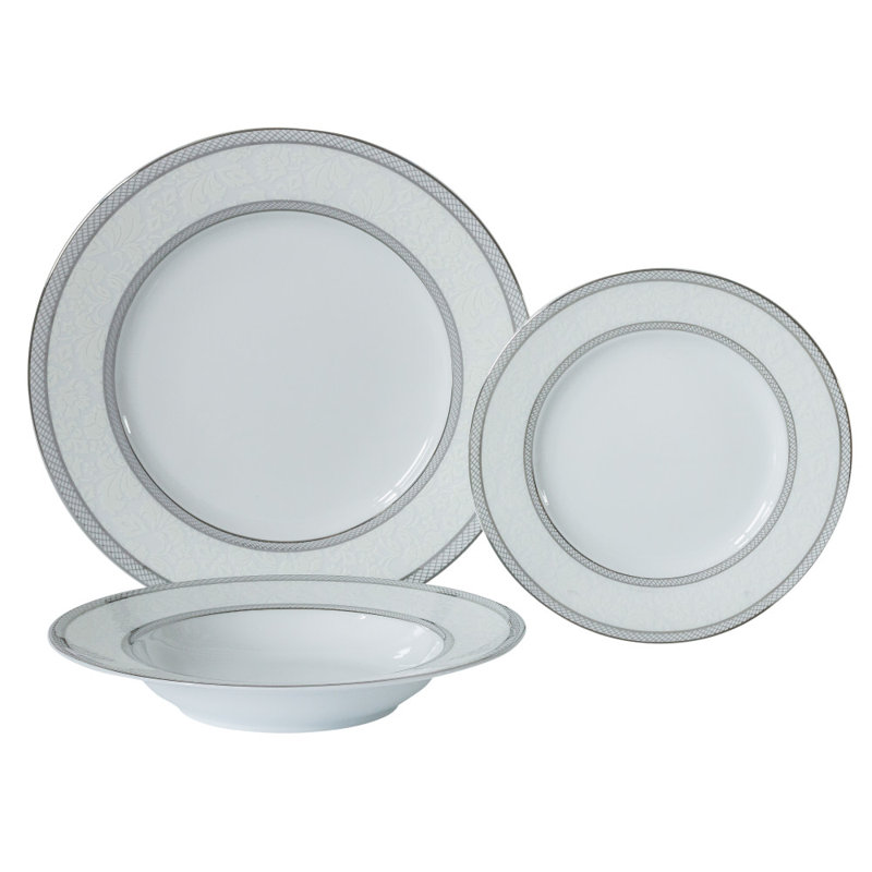 Floral Lace 18 Piece Dinnerware Set, White/Silver